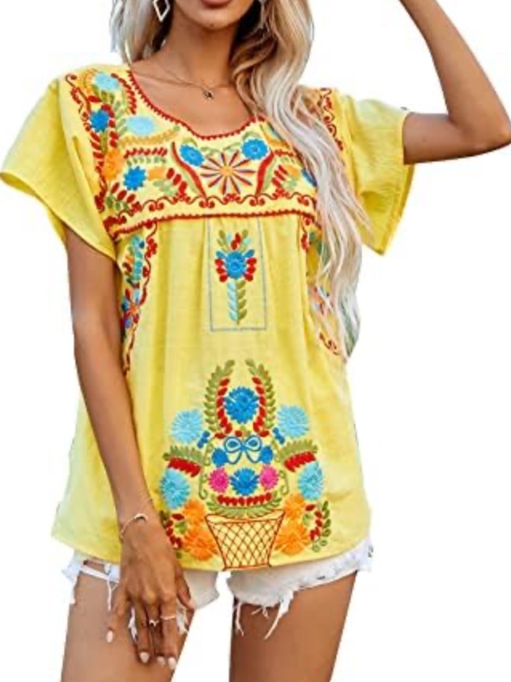 YZXDORWJ Tunic Womens XXXL Blue Floral Embroidered 100% Cotton Peasant Boho Top